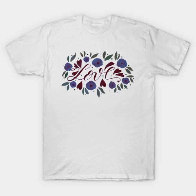 Love and flowers - garnet and purple T-Shirt by wackapacka